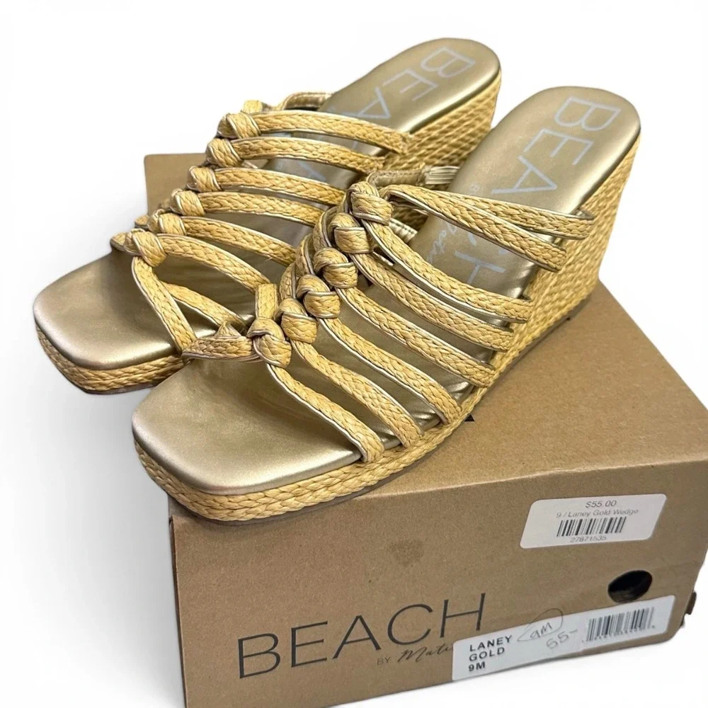 Beach by Matisse Laney Gold Rattan Wedge Sandal Women Size 9 Braided Raffia